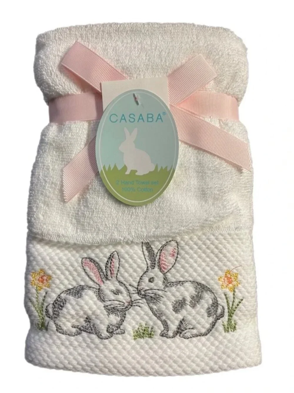 CASABA Bunny Floral Embroidered Cotton Hand Towels Set of 2 NWT